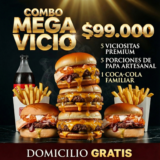 Combo Mega Vicio - 5 Hamburguesas Premium + 5 Papas + Coca-Cola Familiar | Domicilio Gratis