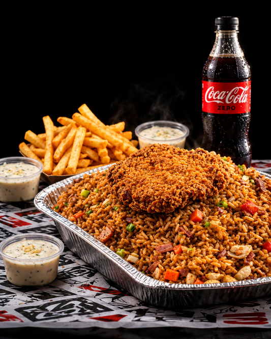 Arroz Chino Personal Vicio con papas, chuleta de pollo apanada, salsas y gaseosa